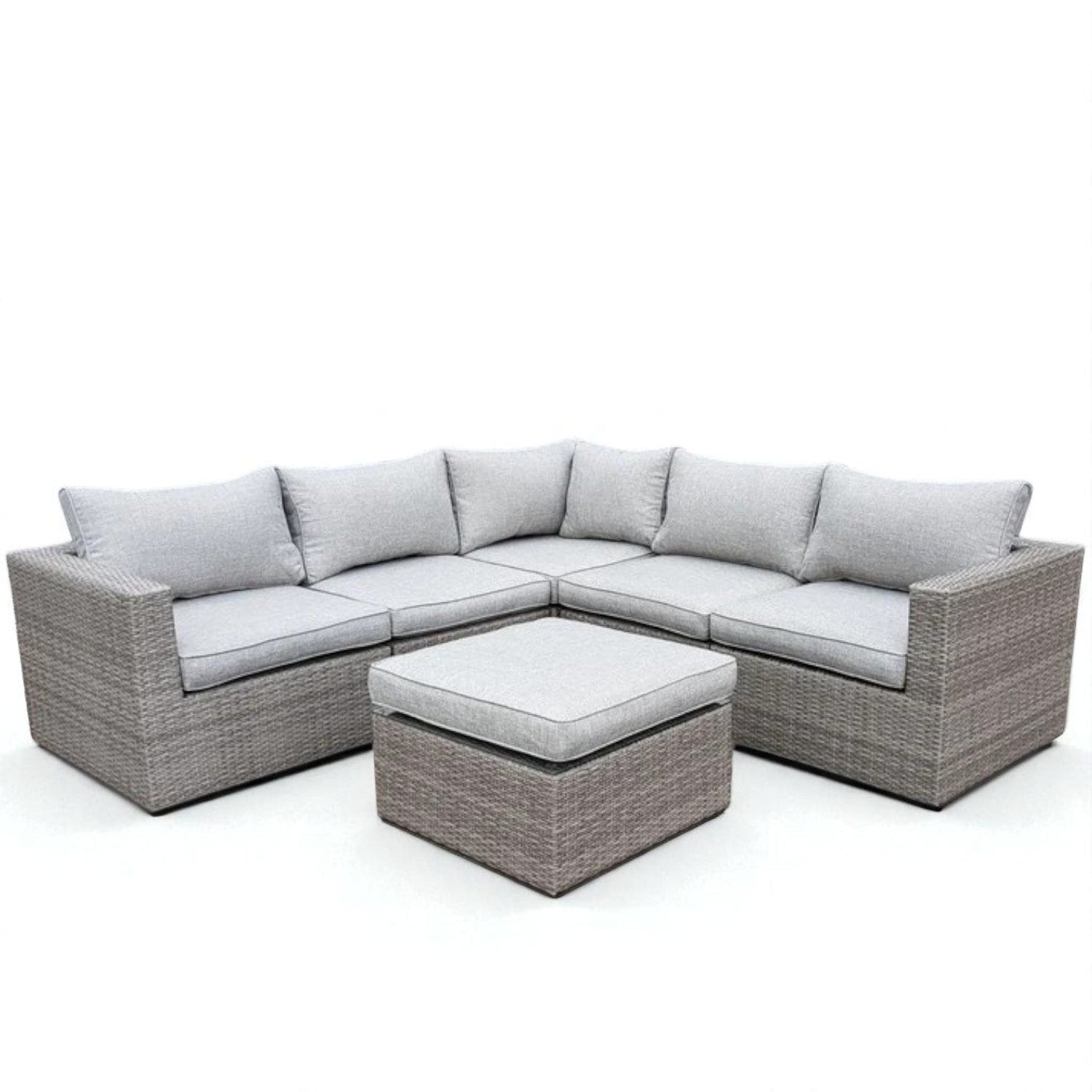 "Outdoor sectional sofa set with light gray cushions and L-shaped wicker frame, includes matching cushioned ottoman — ideal for patio lounging.