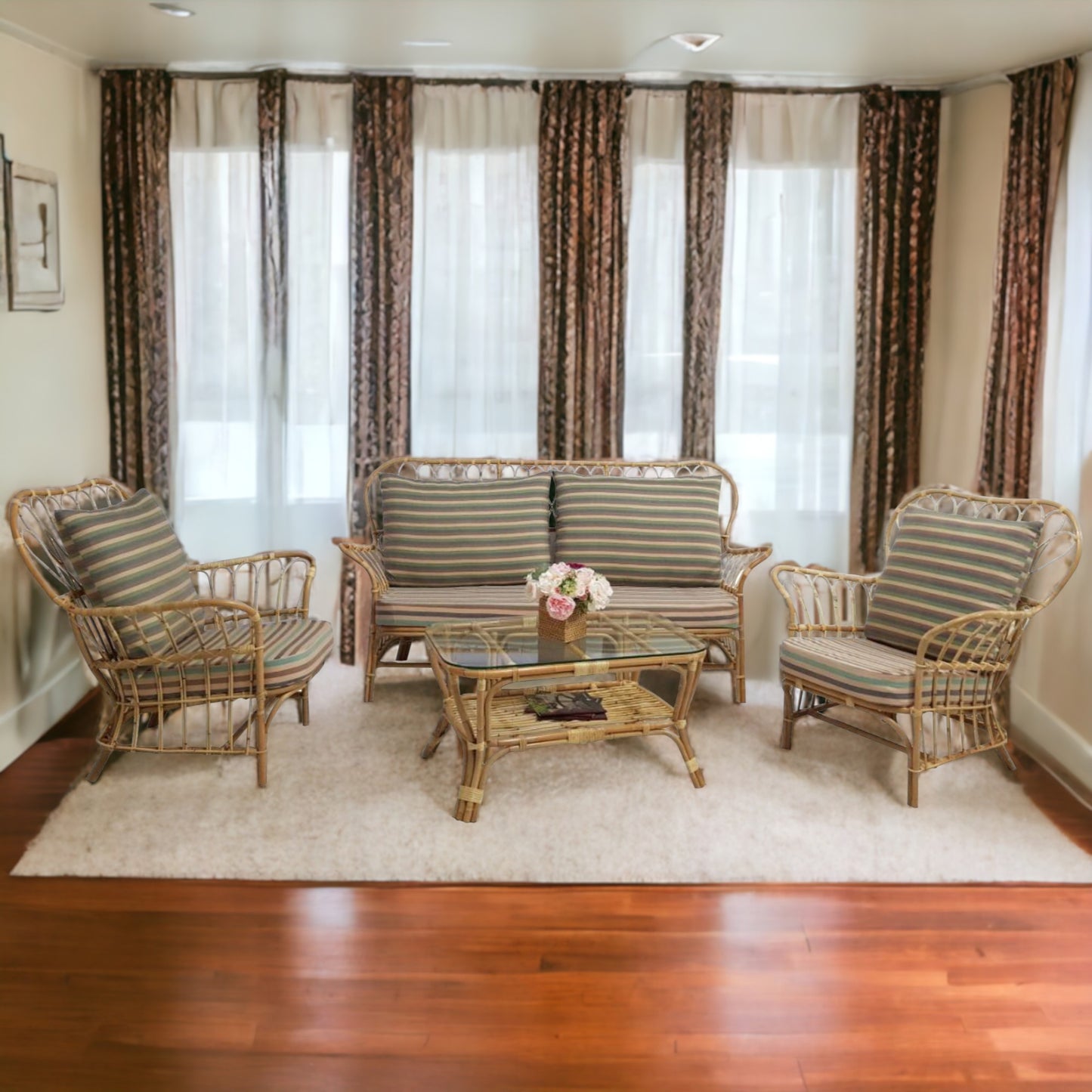 FREEMANTLE Rattan Sofa Set | Stripey Cushion