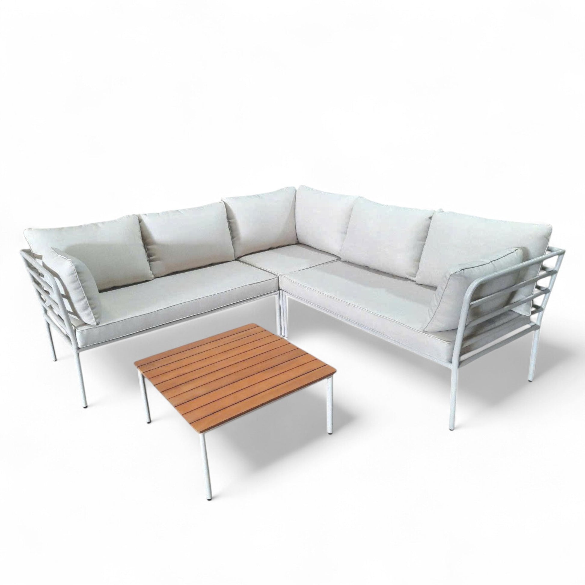 Copenhagen outdoor corner sofa set with white cushions, modern L-shaped patio seating for stylish outdoor living