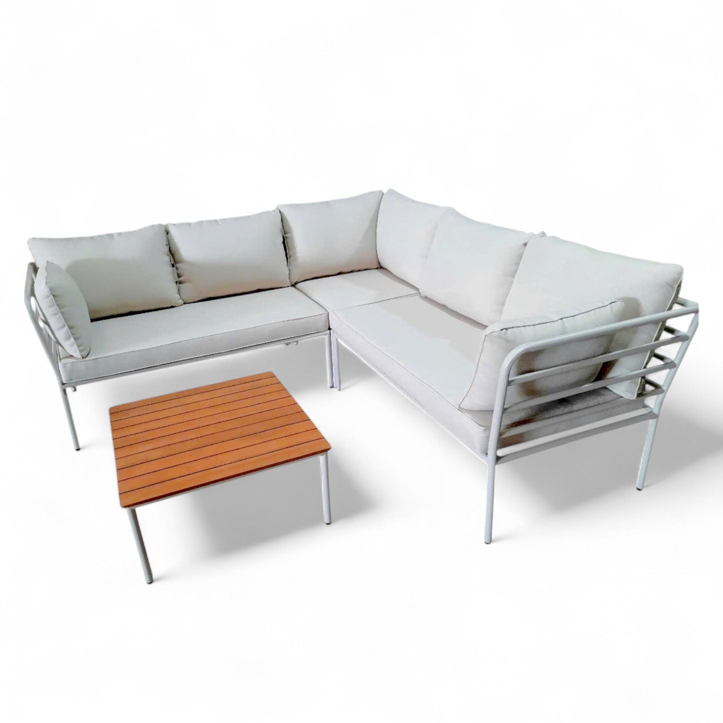 Copenhagen outdoor corner sofa set with white cushions, modern L-shaped patio seating for stylish outdoor living