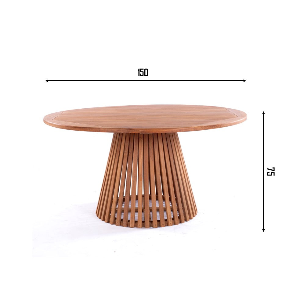 Nusa Dua round wooden outdoor dining table with slatted base, styled with white tableware and floral centerpiece on a garden patio deck.