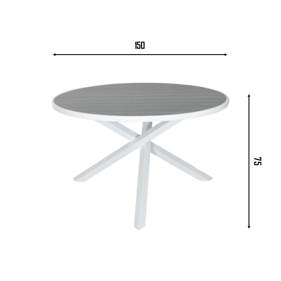 Pisa Outdoor Dining Table with round grey top and white aluminum X-shaped base, styled for modern patio or garden settings.