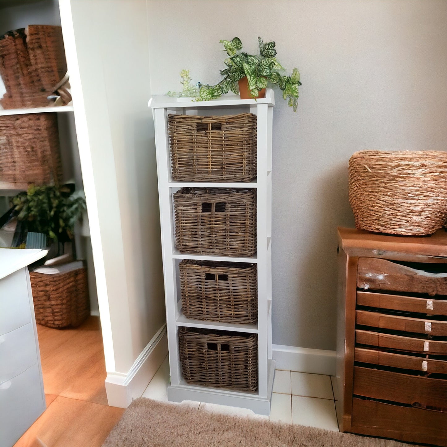 CECILIA Tall Storage Chest with 4 Rattan Drawers | White
