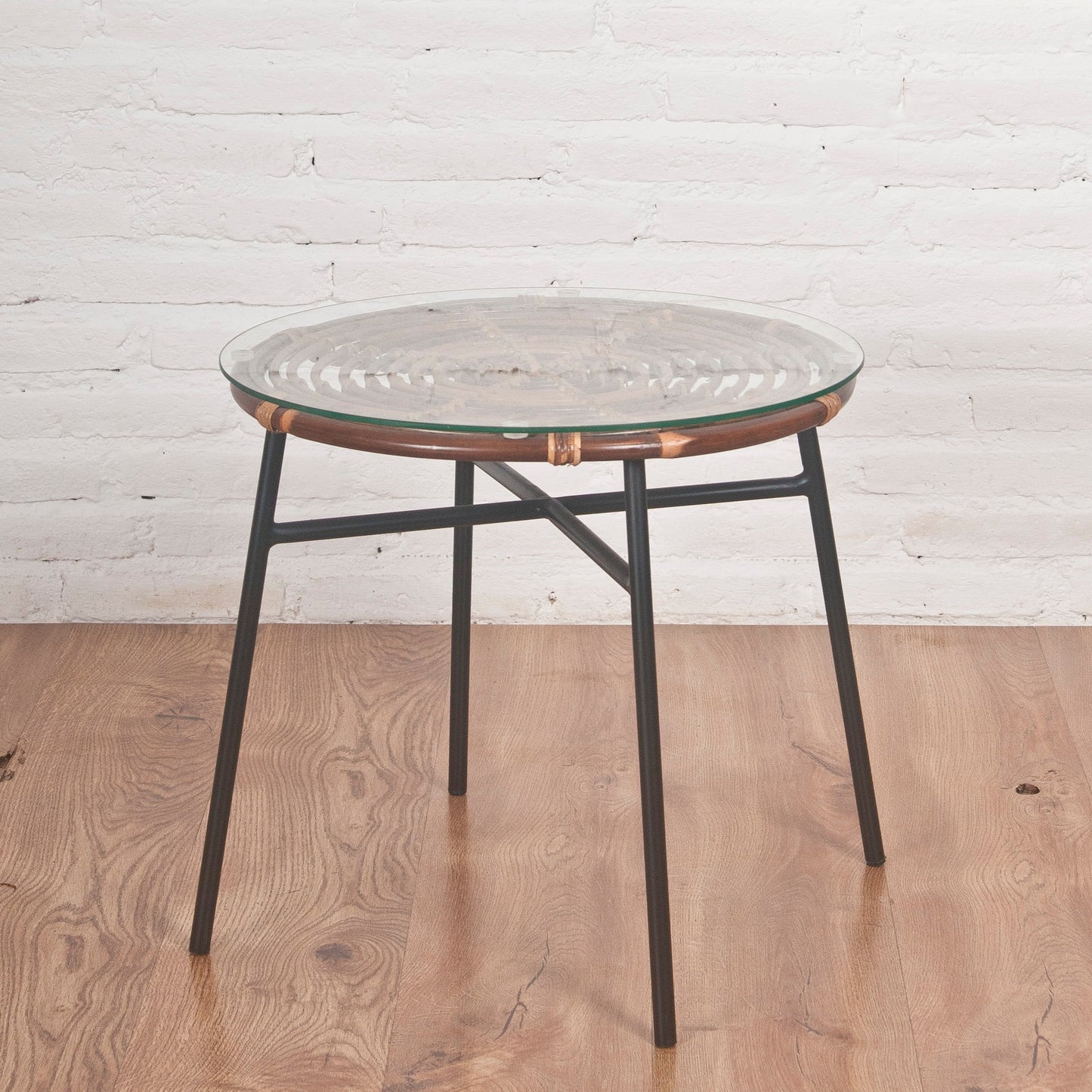 rattan side table with metal legs