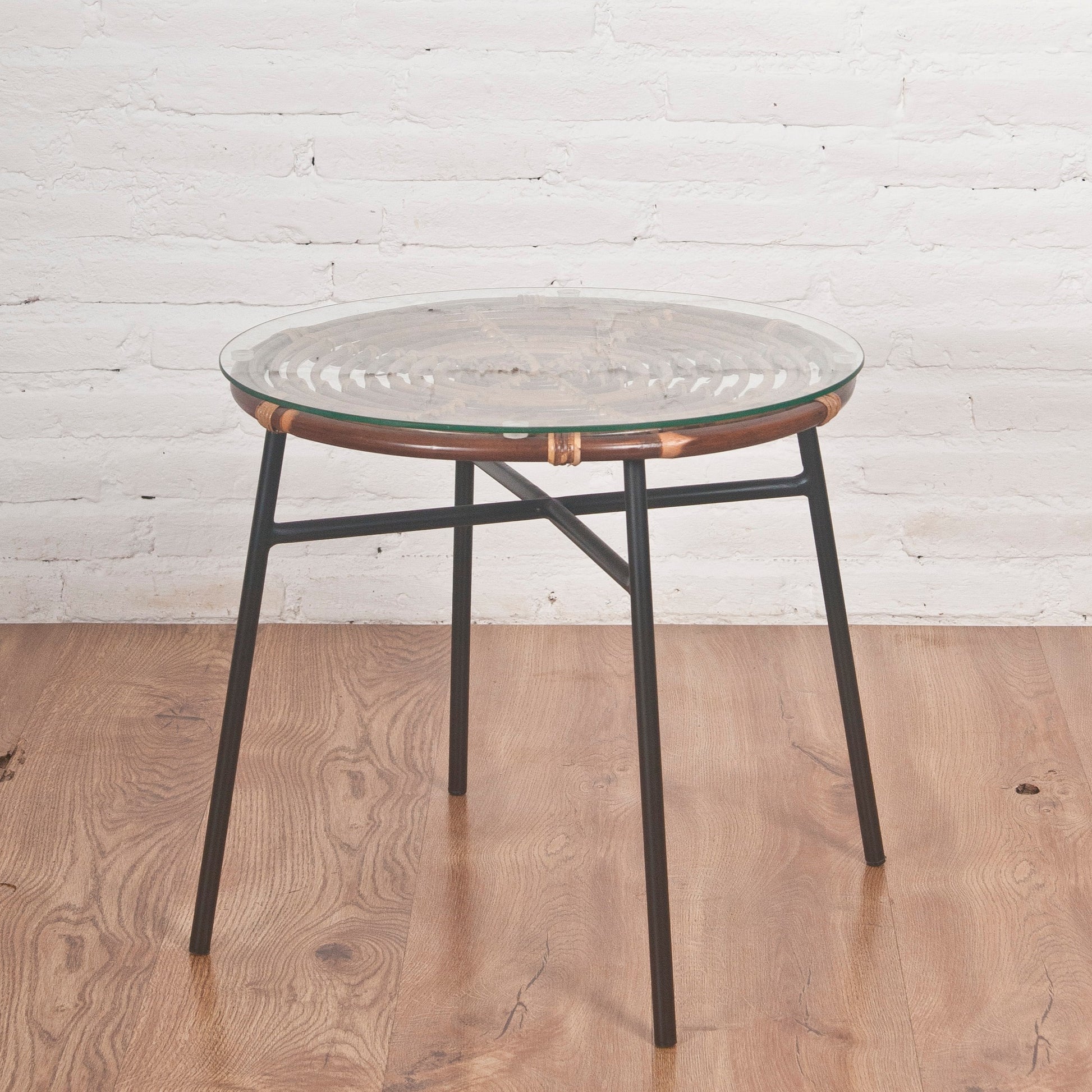 rattan side table with metal legs
