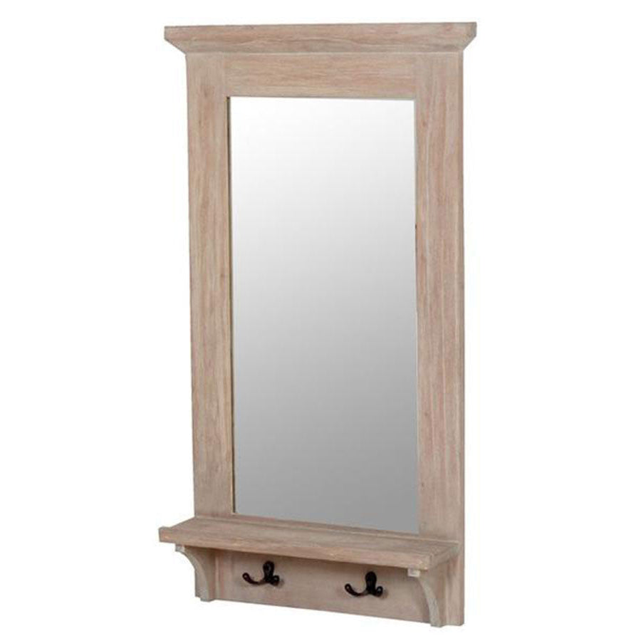 wooden framed mirror with shelf and hooks