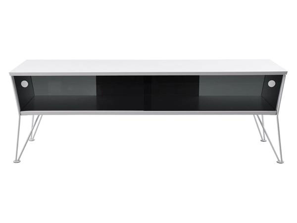 white TV console with glass sliding doors and white metal hairpin legs