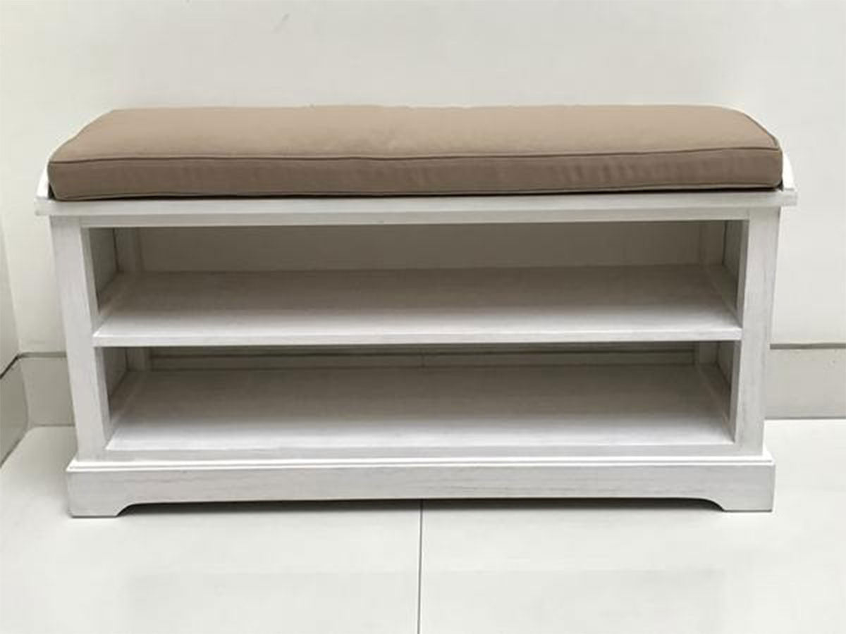 CECILIA white wooden bench with storage shelves and seat cushion, suitable for shoe rack