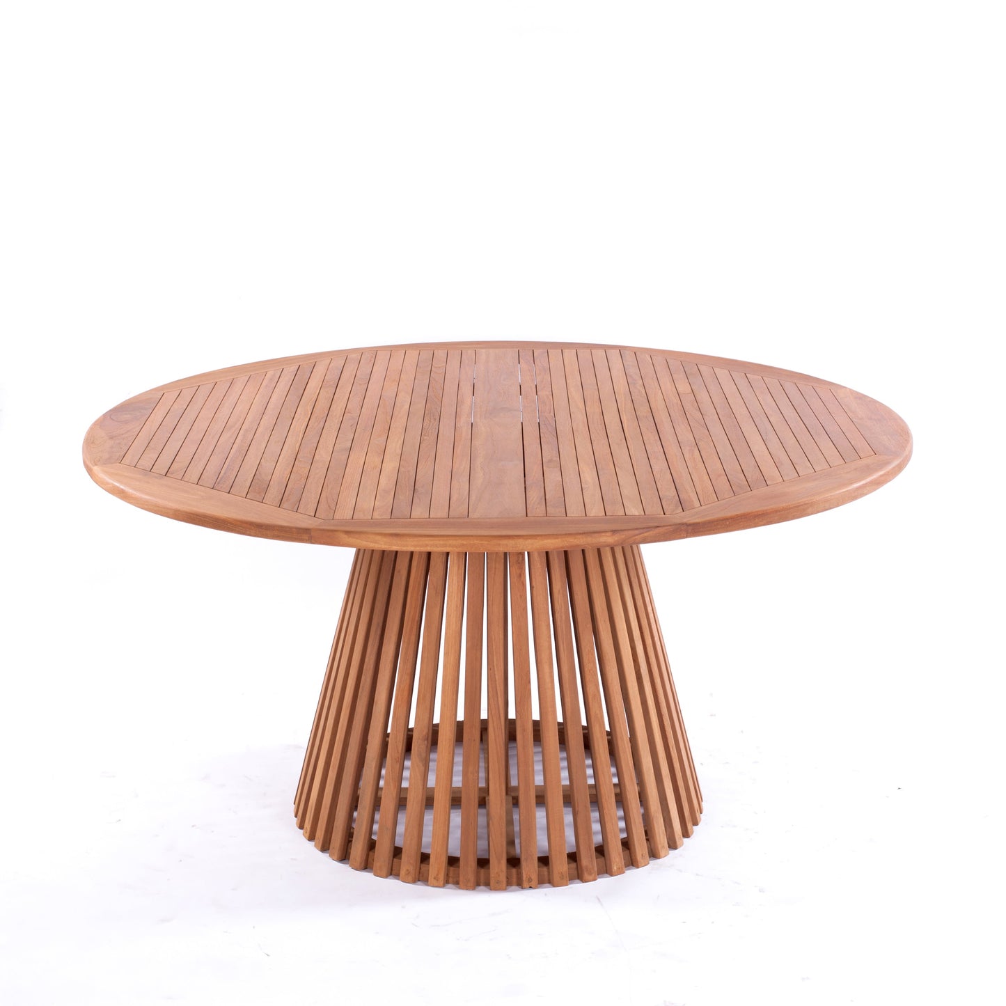 Nusa Dua round wooden outdoor dining table with slatted base, styled with white tableware and floral centerpiece on a garden patio deck.