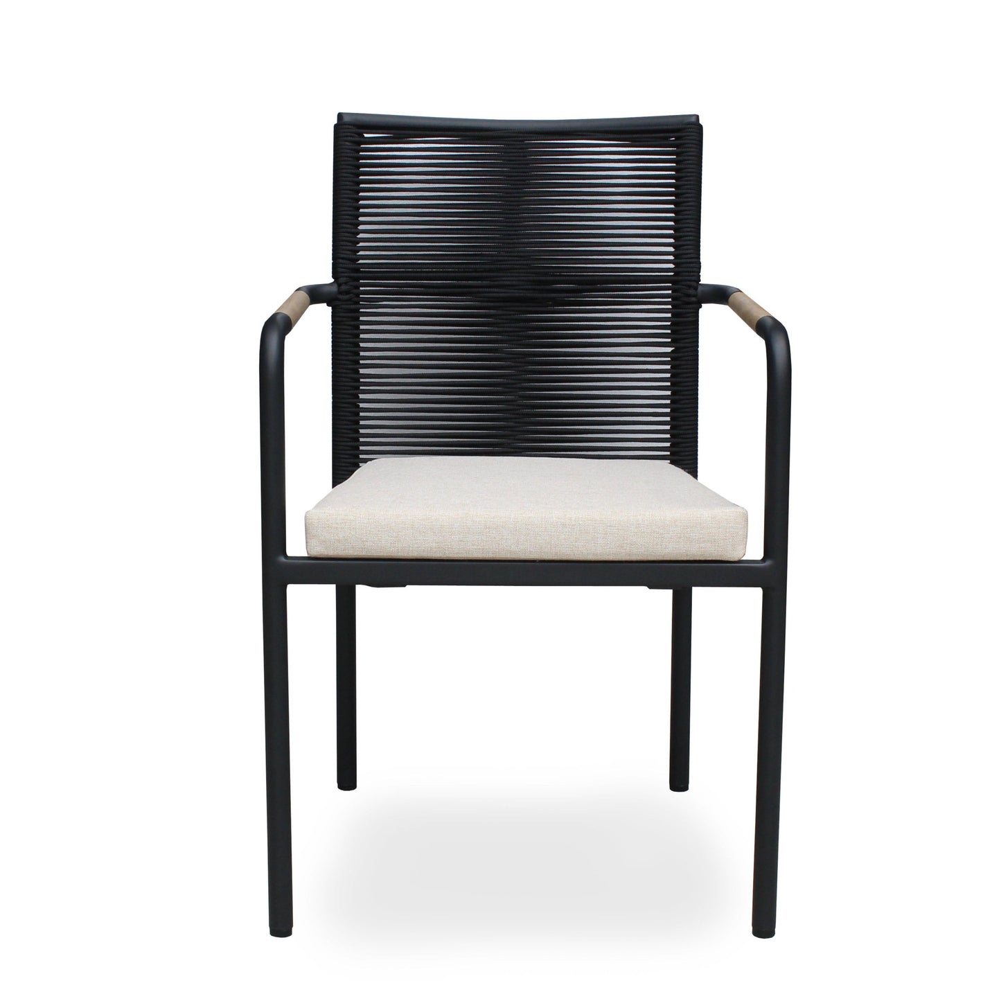 SKANÖR outdoor chair with black metal frame, wooden armrests, and beige cushion, ideal for modern patio or balcony seating