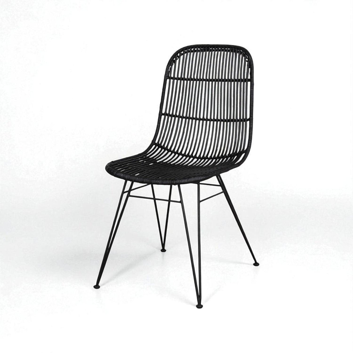 Black rattan dining chair with metal legs for modern indoor dining spaces