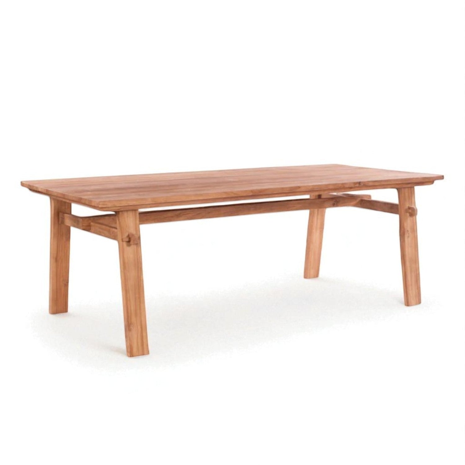 Rectangular wooden dining table with natural finish, four-leg base, and support beams for added stability — minimalist and functional design.
