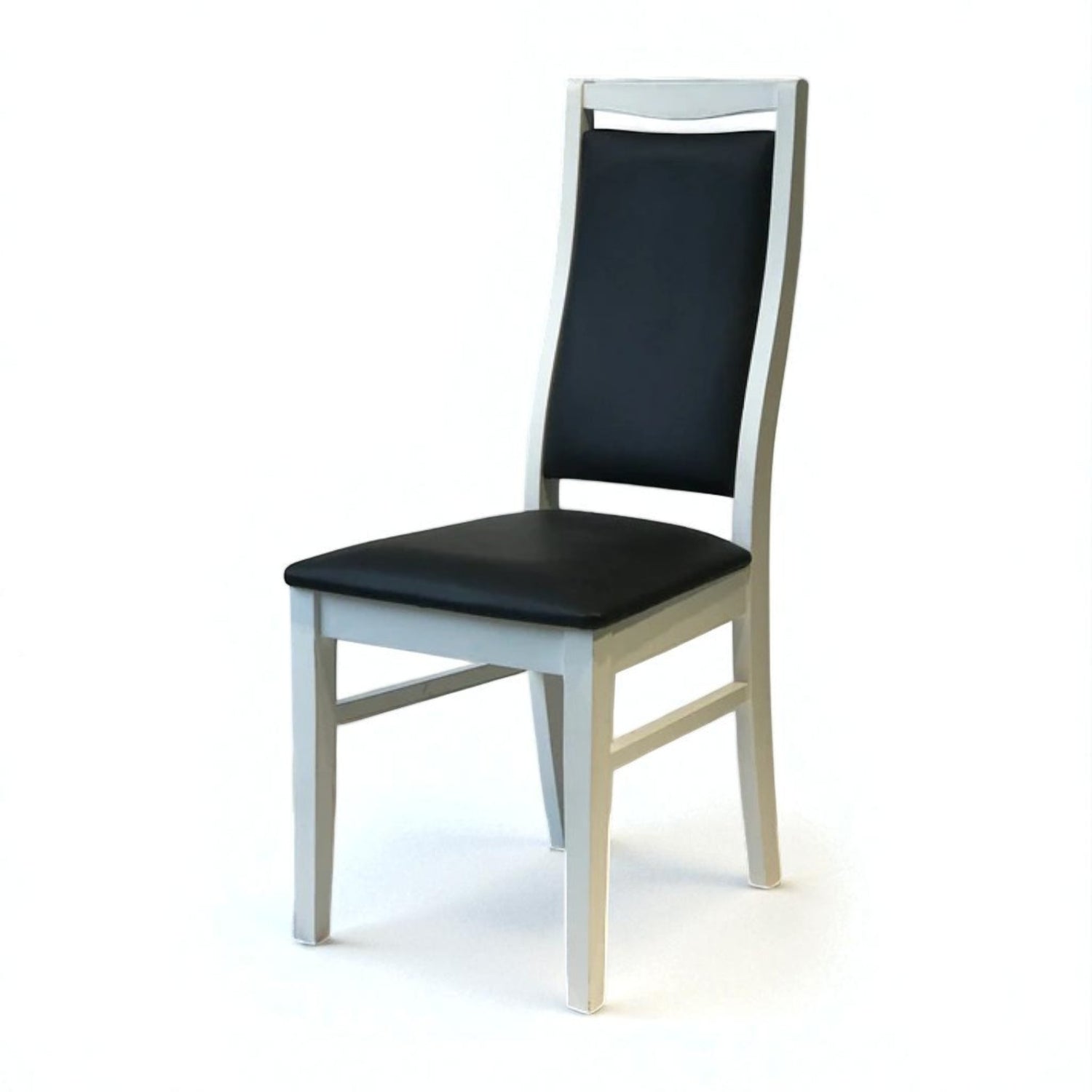 Modern dining chair with a white wooden frame and black cushioned seat and backrest. Features a gently curved backrest for ergonomic support and minimalist design for contemporary interiors.