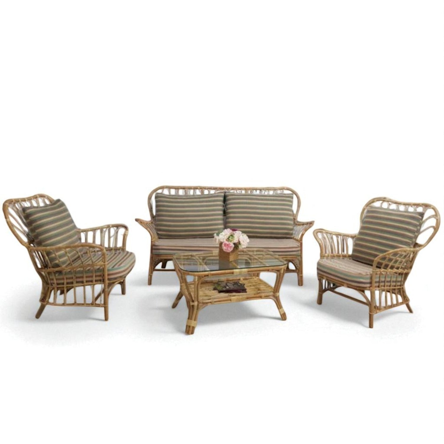 Natural woven rattan furniture set with green-beige striped cushions and glass coffee table — rustic living room seating for airy, tropical-style interiors in Singapore.