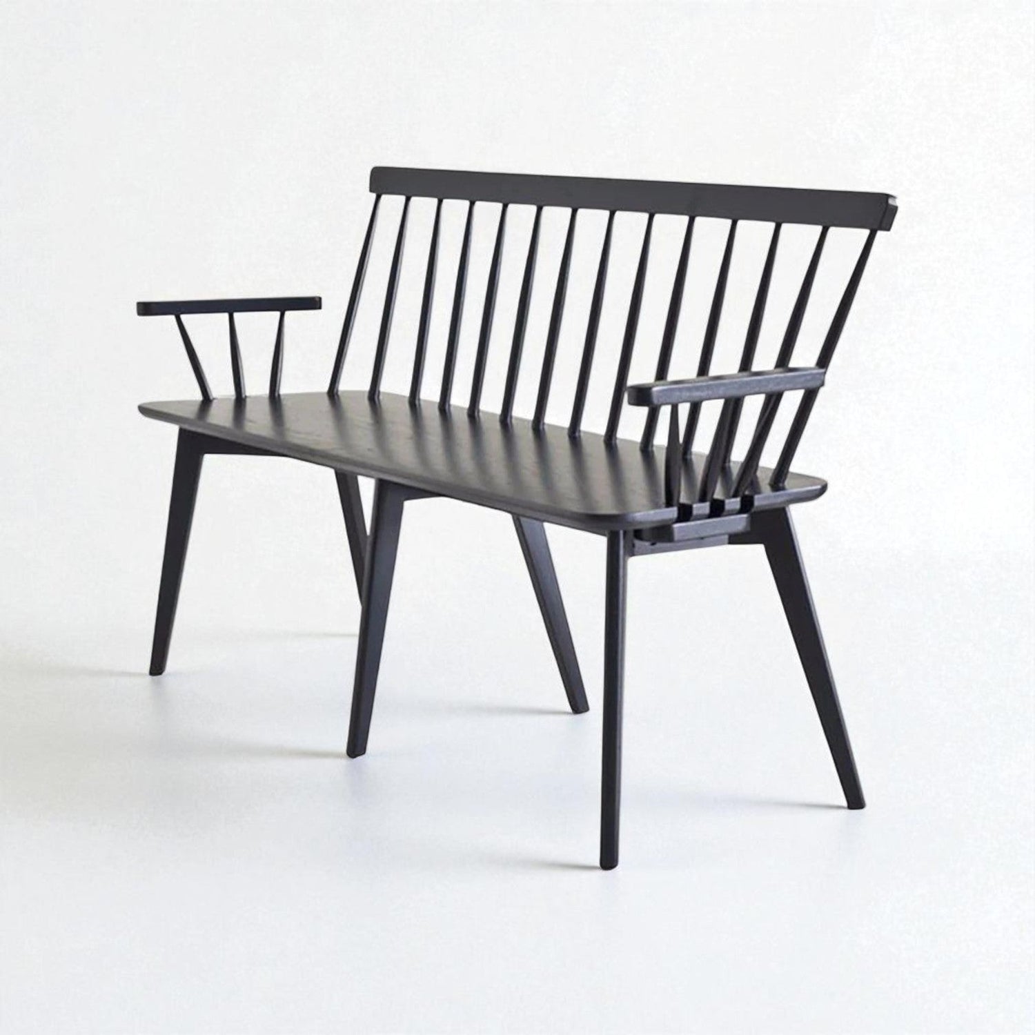 Linköping black wooden bench for indoor use with slatted backrest and armrests