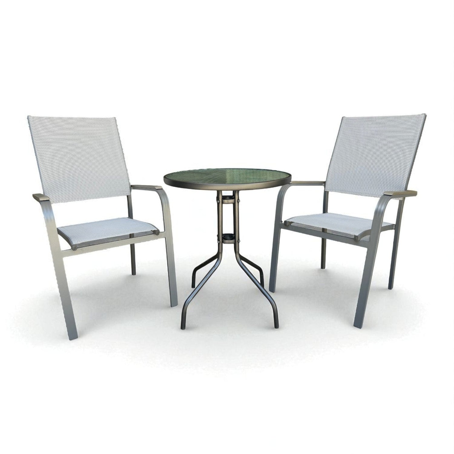 Modern outdoor chair and side table set with white mesh and glass top