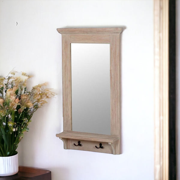 CECILIA Country Style Wall Mirror with Hooks | Teak oil