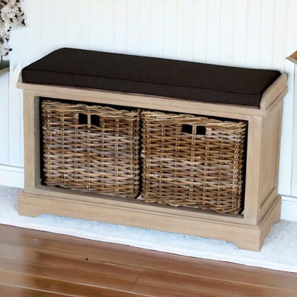 CECILIA Wooden Storage Bench with Rattan Basket and Seat Cushion