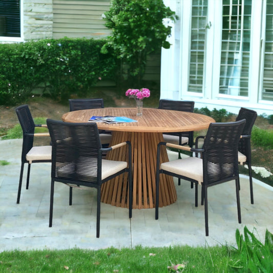 NUSA DUA + SKANÖR Outdoor Dining Set | Teak Wood Dining Round Table (150) with 6 Armchairs