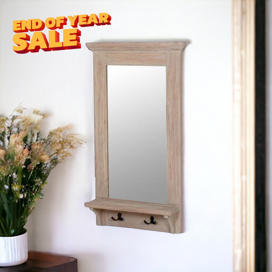 CECILIA Country Style Wall Mirror with Hooks | Natural