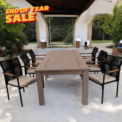 DENVER + SKANÖR Outdoor Dining Set | Teak Wood Dining Table with 6 Armchairs