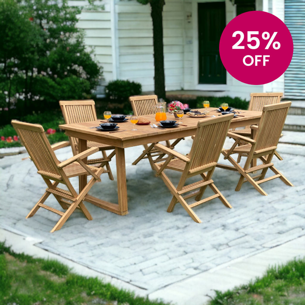 TRETES + JAVA Outdoor Dining Set | 1 Dining Table with 6 Chairs (Teak Wood)