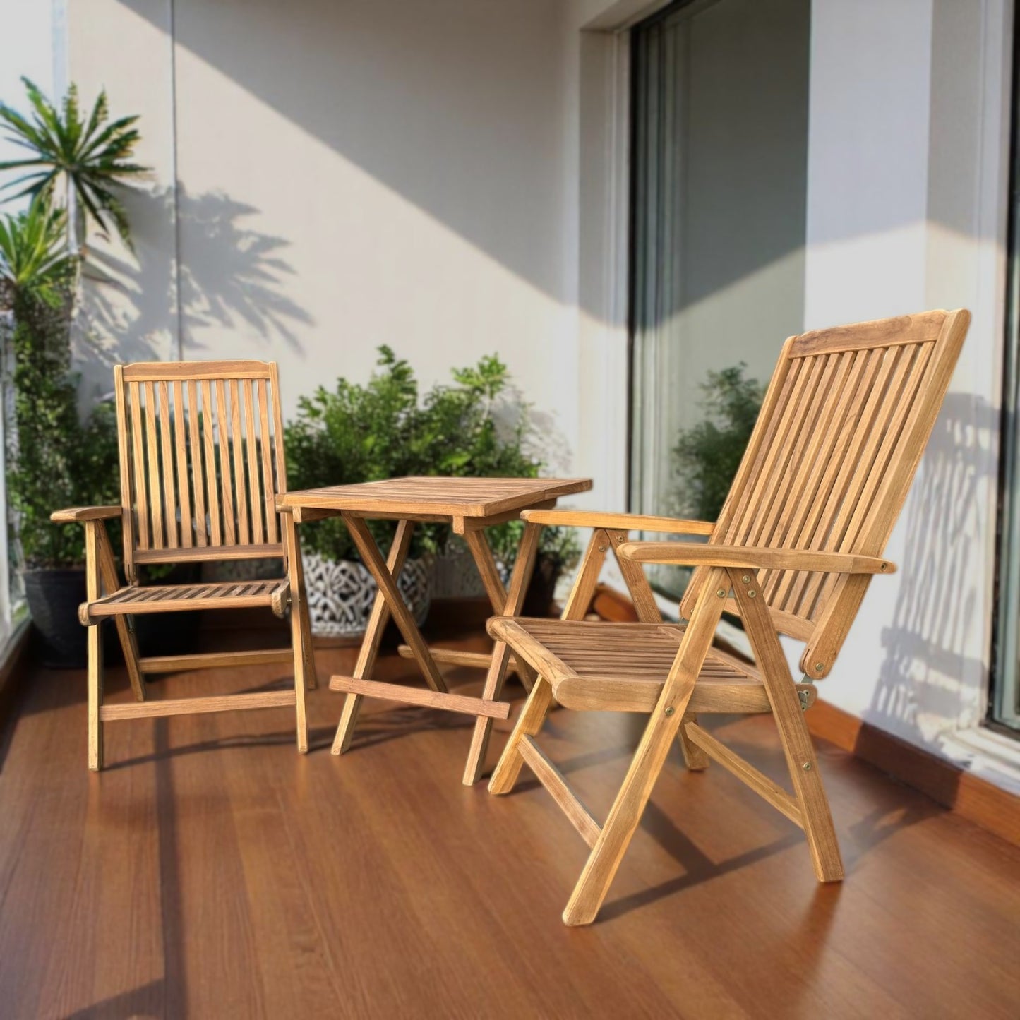 MICHELLE + CILACAP Outdoor Set (Teak Wood) | 2 Reclining Chairs with 1 Side Table (Square)