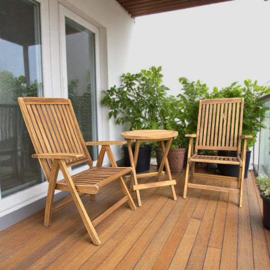 MICHELLE + CILACAP Outdoor Set (Teak Wood) | 2 Reclining Chairs with 1 Side Table (Round)