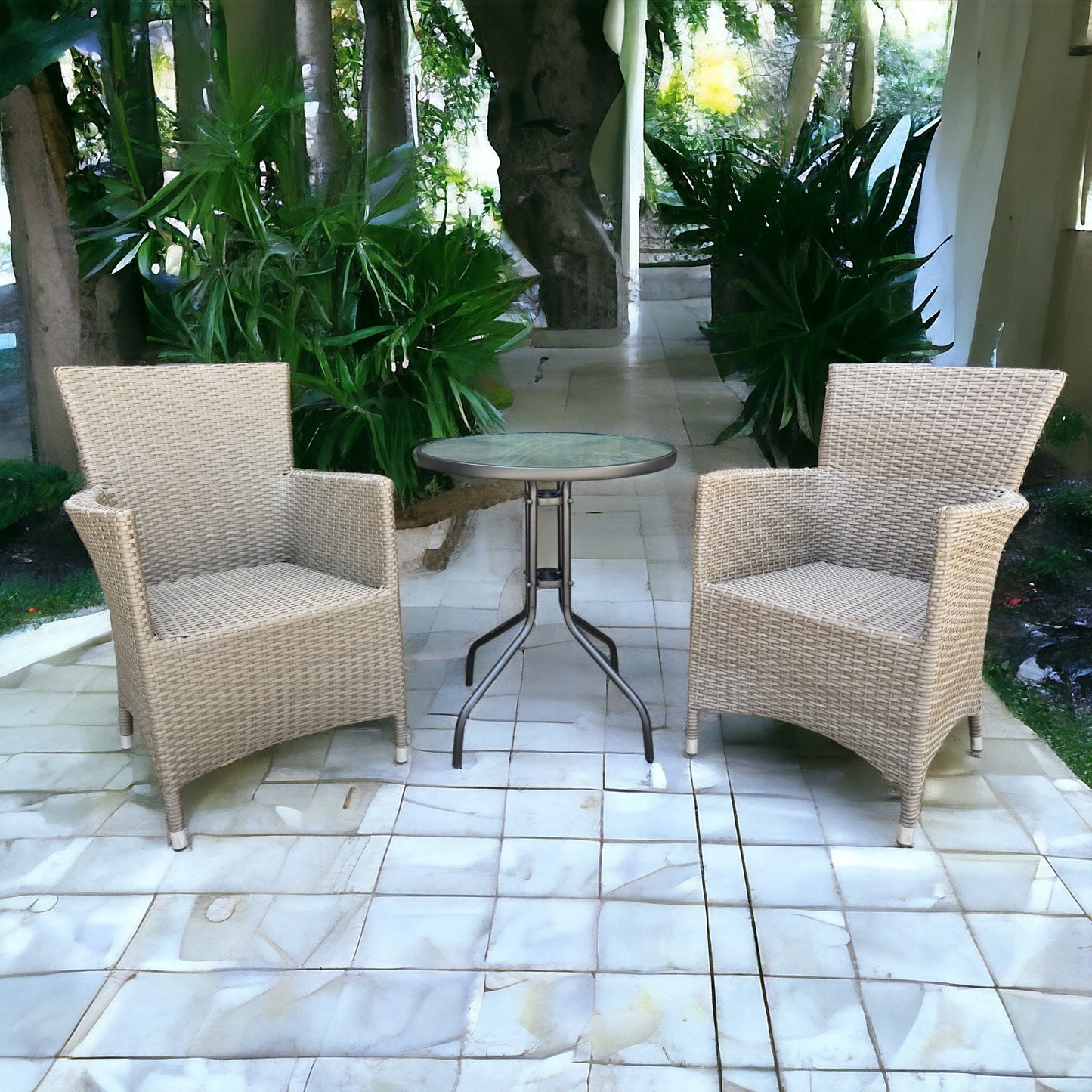 BRENTWOOD + CAPRI Cafe Set | 2 Wicker Chair with 1 Glass Table