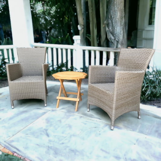 BRENTWOOD + PICNIC TABLE Outdoor Set | 2 Wicker Chairs with 1 Teak Wood Side Table (Octagonal)