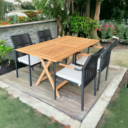 JAVA + SKANÖR Outdoor Dining Set | 1 Teak Wood Dining Table (140x80) with 4 Armchairs