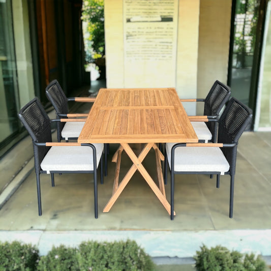 JAVA + SKANÖR Outdoor Dining Set | 1 Teak Wood Dining Table (120x80) with 4 Armchairs