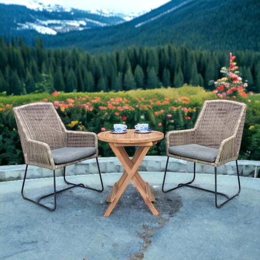 DENPASAR + CILACAP Round Table | 2 Wicker Chair with 1 Teak Wood Side Table