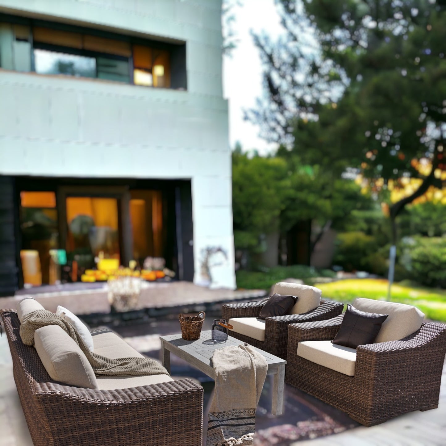 PORTLAND Living Wicker Set with Teak Coffee Table