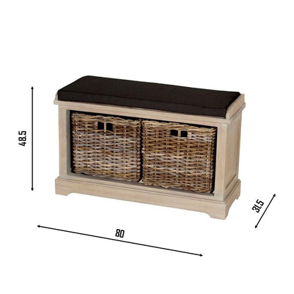 CECILIA Wooden Storage Bench with Rattan Basket and Seat Cushion