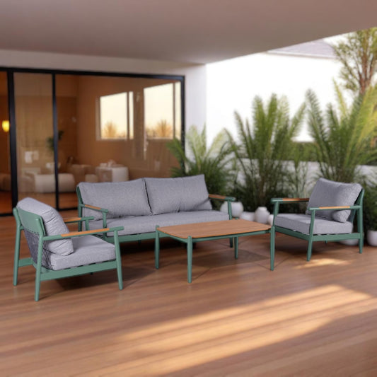 Vantaa Outdoor Sofa Set in green, featuring a modern design with plush cushions and a durable frame, perfect for enhancing garden, patio, or balcony spaces.