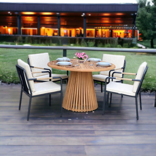 NUSA DUA + HÖLLVIKEN Outdoor Dining Set | Teak Wood Dining Round Table with 4 Armchairs