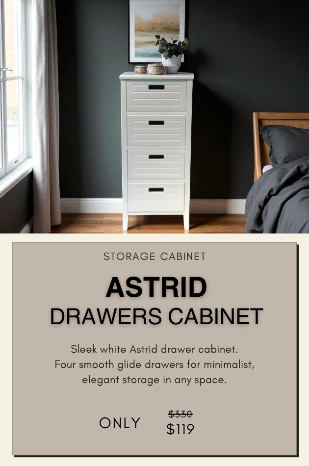 Image 12: Astrid white drawers cabinet with four spacious drawers – minimalist bedroom storage solution in Singapore, perfect for modern homes.