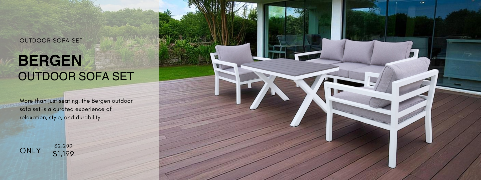 Minimalist Bergen patio sofa in white and grey tones, ideal for stylish outdoor spaces.