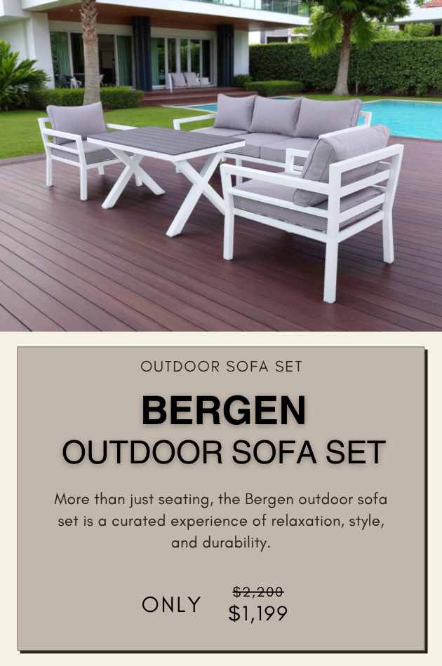Minimalist Bergen patio sofa in white and grey tones, ideal for stylish outdoor spaces.