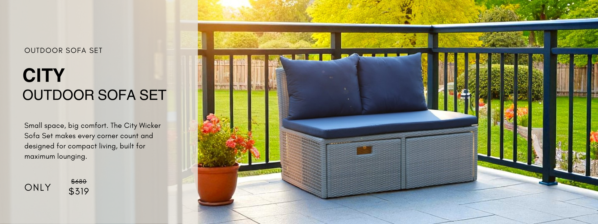 Compact outdoor wicker sofa set with blue seat and back cushions, ideal for balconies and small patios.
