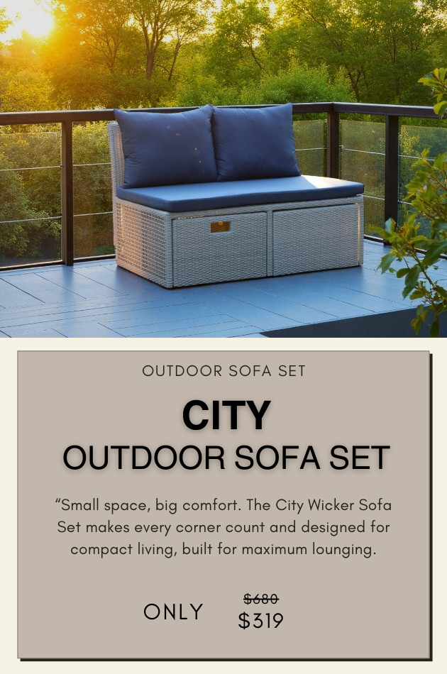 Compact outdoor wicker sofa set with blue seat and back cushions, ideal for balconies and small patios.