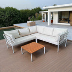 Copenhagen outdoor corner sofa set with white cushions, modern L-shaped patio seating for stylish outdoor living