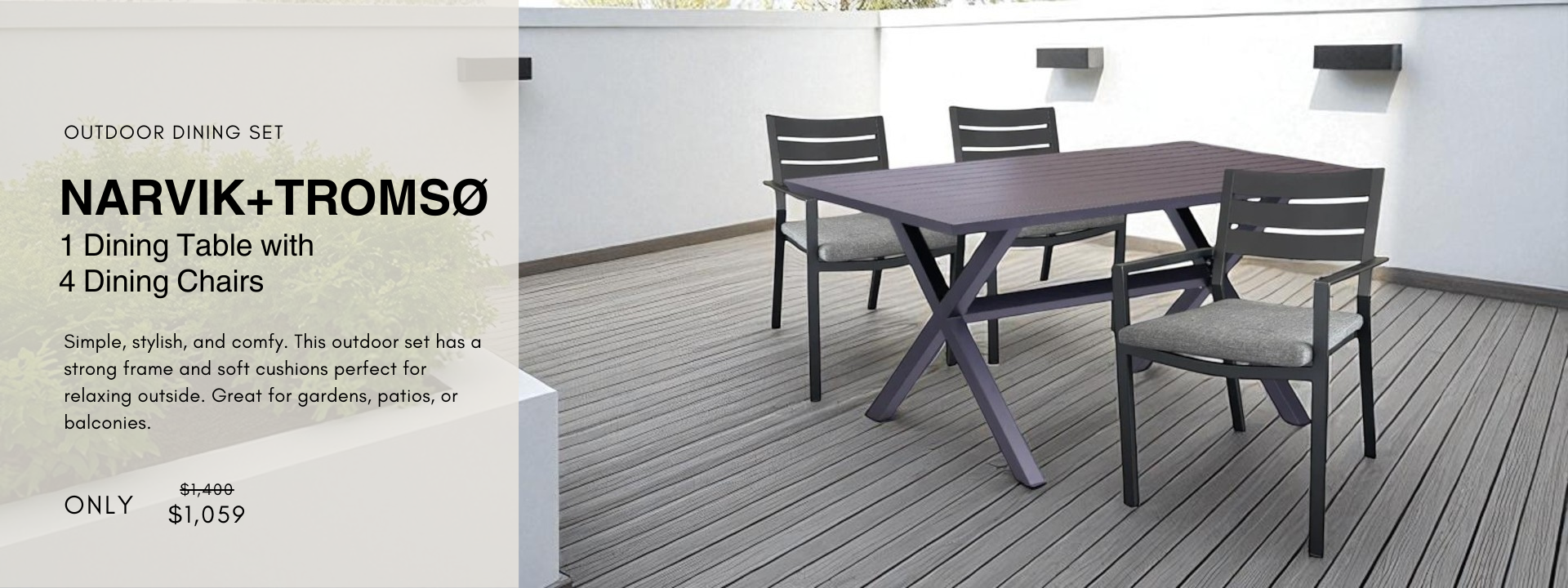 NARVIK+TROMSØ outdoor dining set with 1 table and 4 cushioned chairs, perfect for patio, garden, or balcony use.