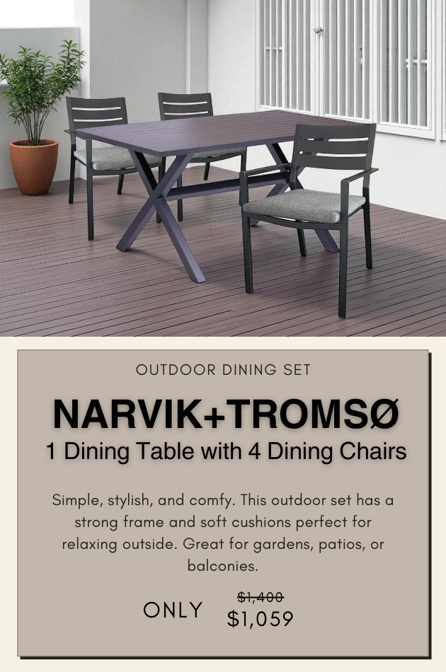 NARVIK+TROMSØ outdoor dining set with 1 table and 4 cushioned chairs, perfect for patio, garden, or balcony use.