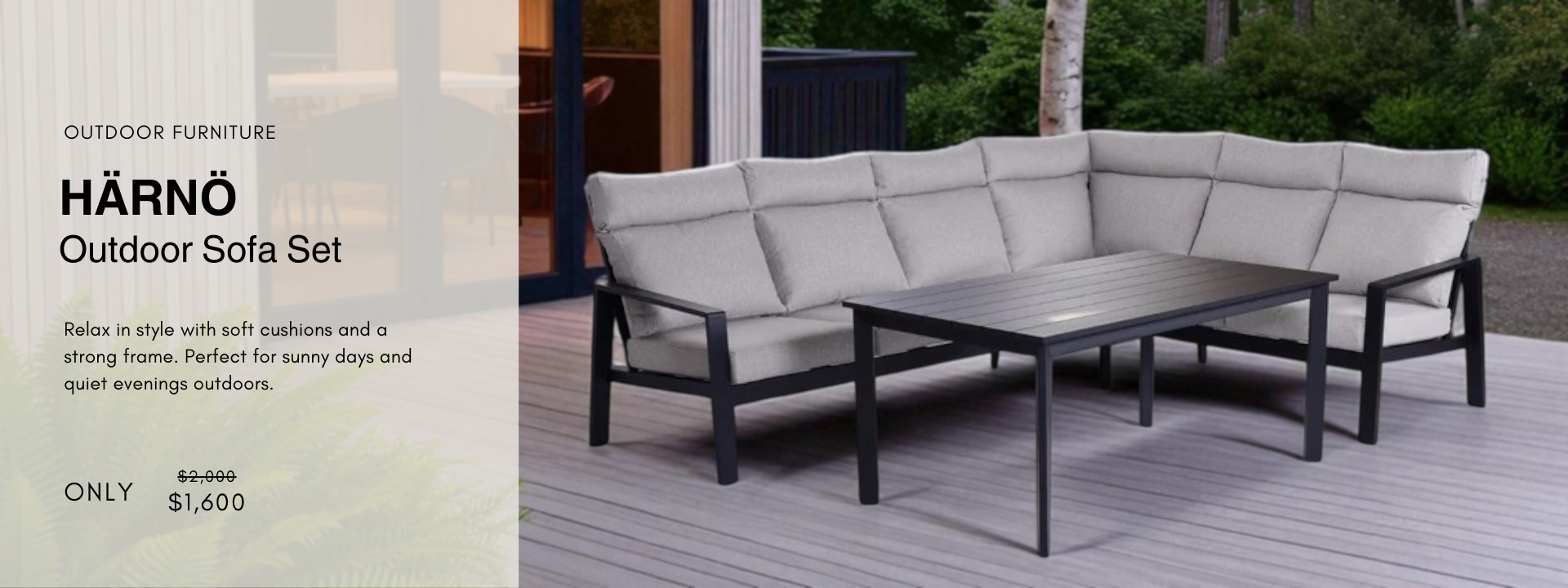 Modular outdoor sofa set with cushions and table—ideal patio furniture for garden lounging and outdoor comfort.