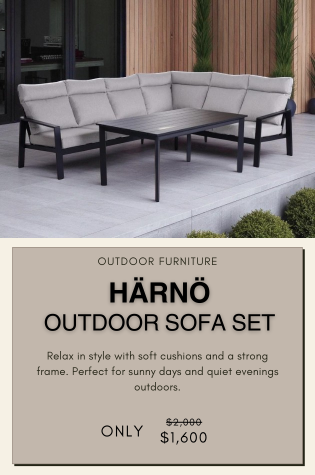 Modular outdoor sofa set with cushions and table—ideal patio furniture for garden lounging and outdoor comfort.