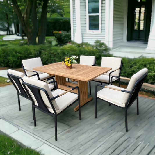 MINI LANDSORT + HÖLLVIKEN Outdoor Dining Set | Extendable Teak Wood Dining Table with 6 Armchairs