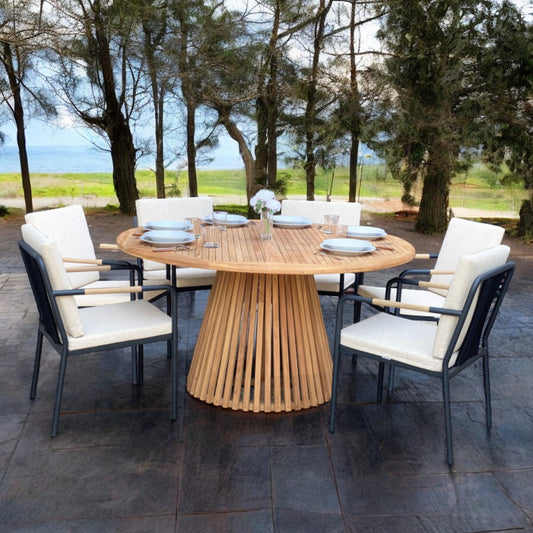 NUSA DUA + HÖLLVIKEN Outdoor Dining Set | Dining Round Table with 6 Armchairs (Teak Wood)