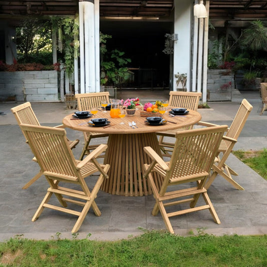 NUSA DUA + JAVA Outdoor Dining Set | 1 Round Dining Table with 6 Armchairs (Teak Wood)